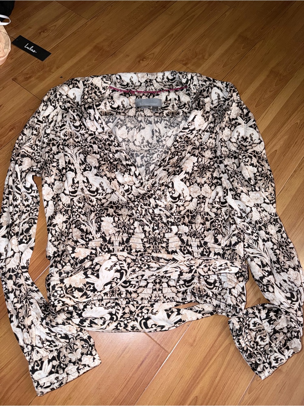 Anthropologie Black & Cream Floral Paisley Wrap Blouse